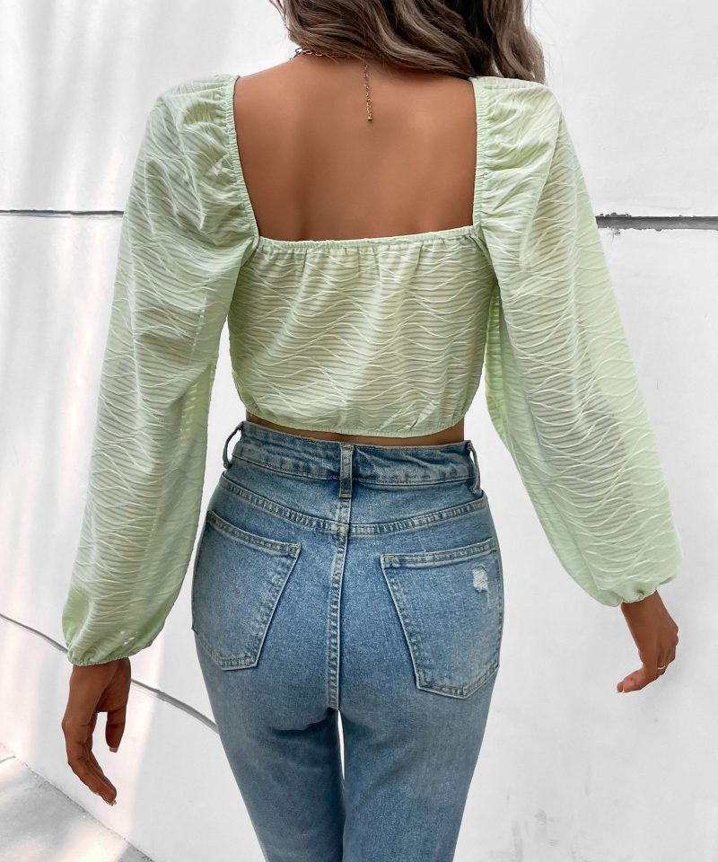 French Square Collar Puff Sleeve Shirt - Image 6