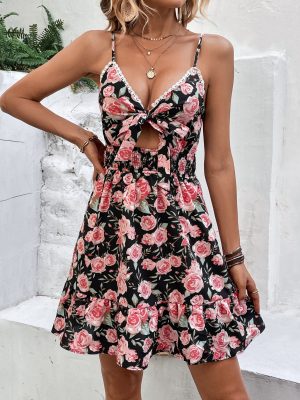 Sexy Deep V-Plunge Neck Printed Suspender Dress