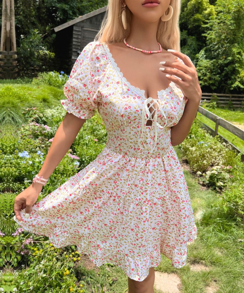 Summer Original Design Hollow Out Flounce Trim Lace-Up Dress for Women - Image 6