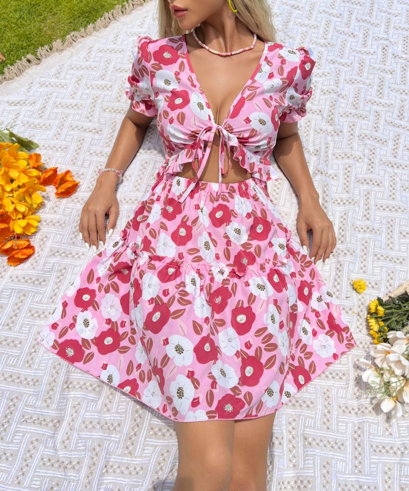Summer Original Design Lace-Up Ruffled Cutout Printed Dress for Women - Image 5