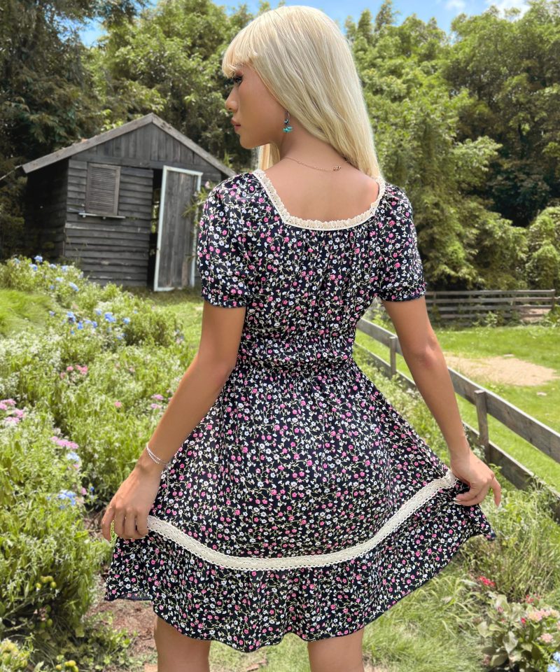 Summer Short Sleeve Lace Stitching Floral Dress for Women - Image 5