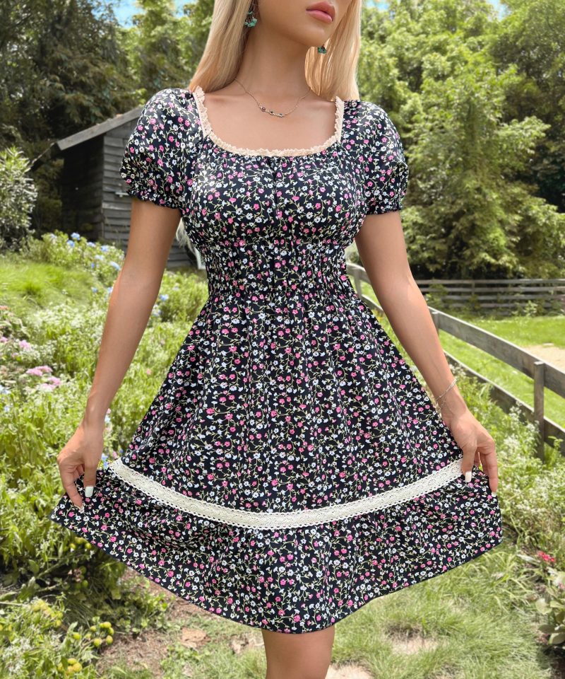 Summer Short Sleeve Lace Stitching Floral Dress for Women - Image 6