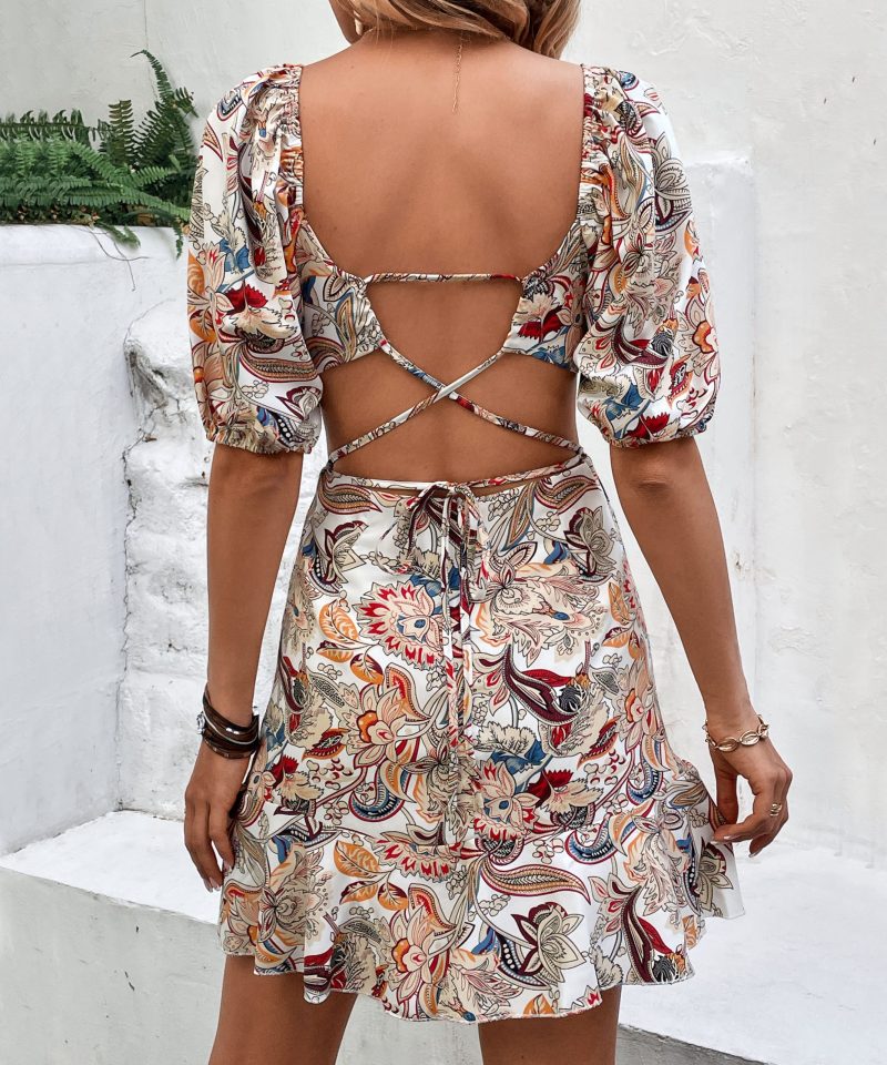 Summer Sexy Backless Print Dress with Lace-Up Cutout Detail - Image 3