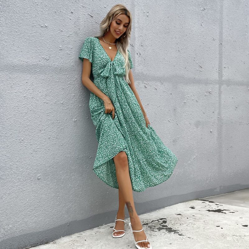 Summer Short Sleeve V-Neck Flounce Printed Dress for Women - Image 2