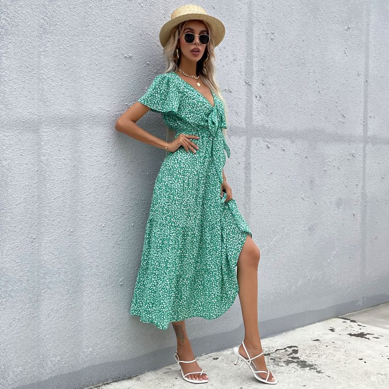 Summer Short Sleeve V-Neck Flounce Printed Dress for Women - Image 3