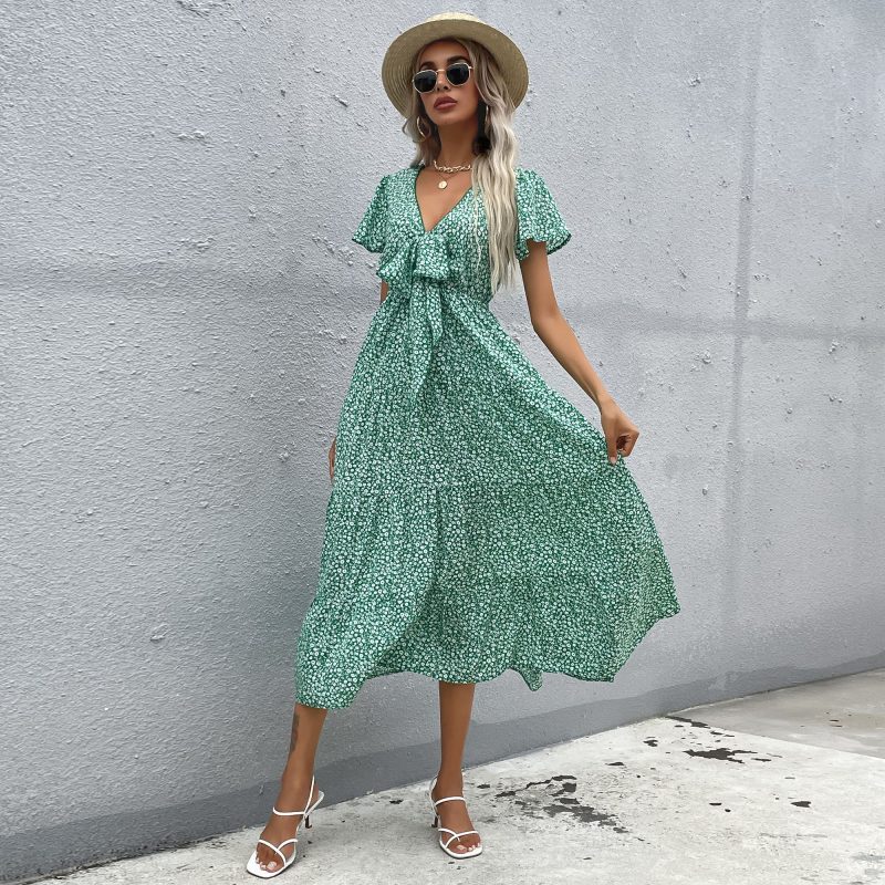 Summer Short Sleeve V-Neck Flounce Printed Dress for Women - Image 4