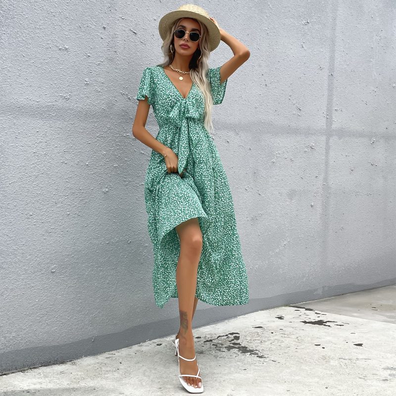 Summer Short Sleeve V-Neck Flounce Printed Dress for Women - Image 5