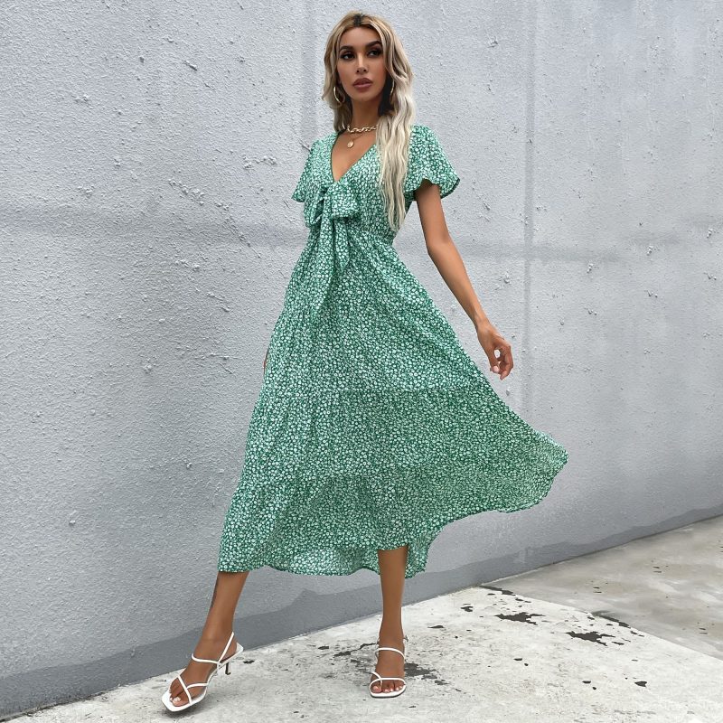 Summer Short Sleeve V-Neck Flounce Printed Dress for Women - Image 6