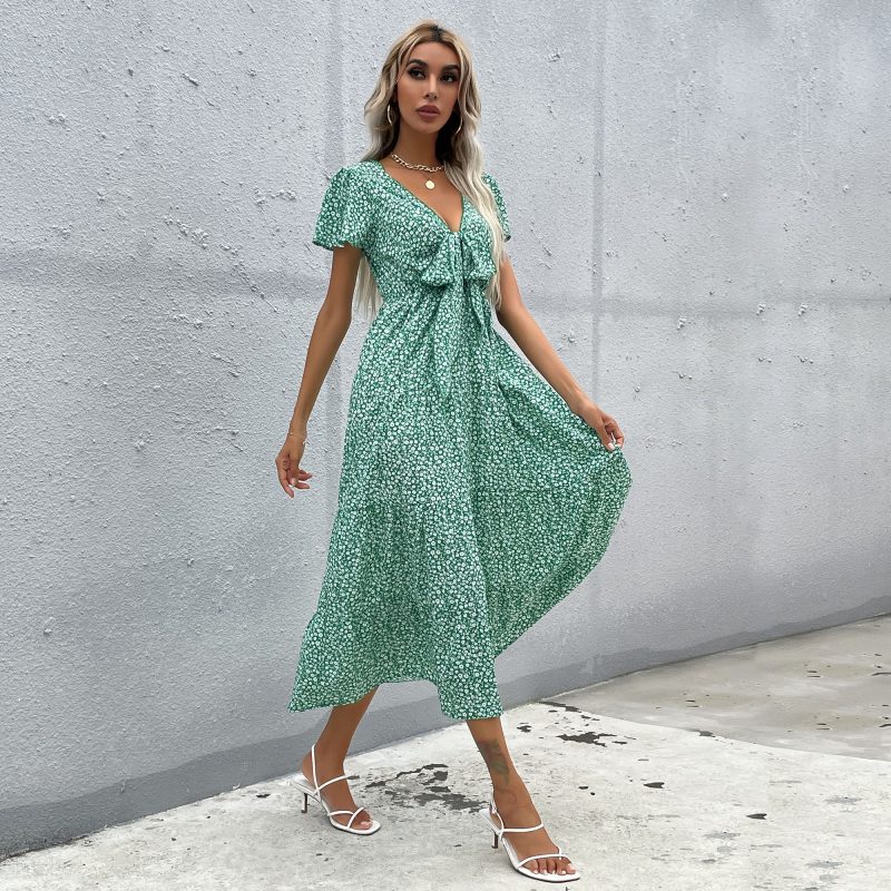 Summer Short Sleeve V-Neck Flounce Printed Dress for Women - Image 7