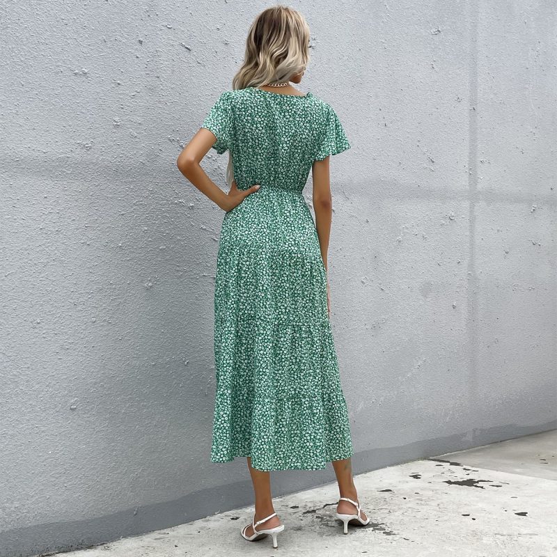 Summer Short Sleeve V-Neck Flounce Printed Dress for Women - Image 8