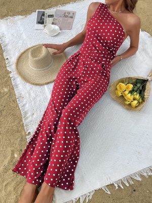 Summer Polka Dot Wide-Leg Jumpsuit with One Shoulder for Women