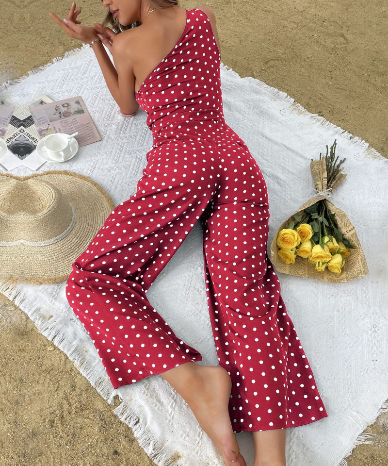Summer Polka Dot Wide-Leg Jumpsuit with One Shoulder for Women - Image 2