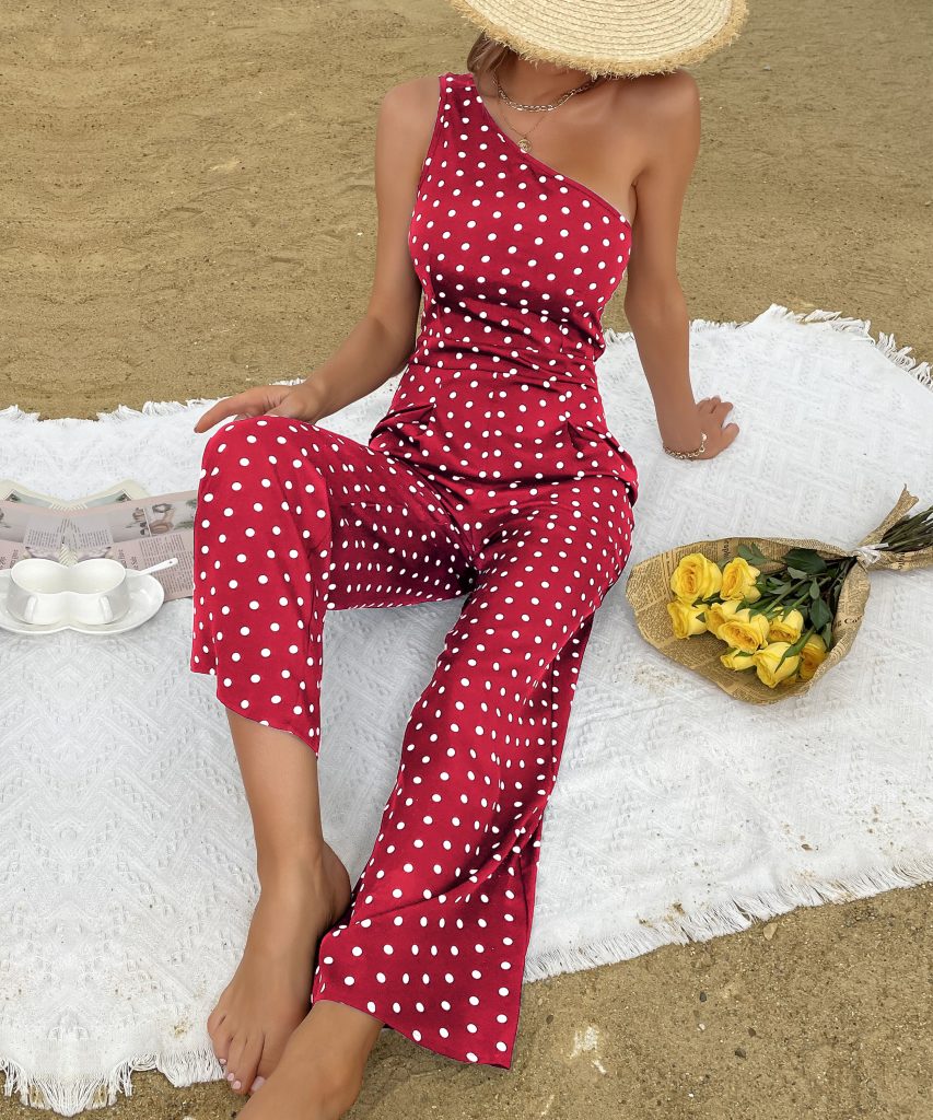 Summer Polka Dot Wide-Leg Jumpsuit with One Shoulder for Women - Image 4