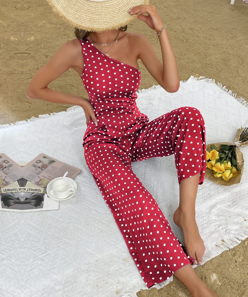Summer Polka Dot Wide-Leg Jumpsuit with One Shoulder for Women - Image 6