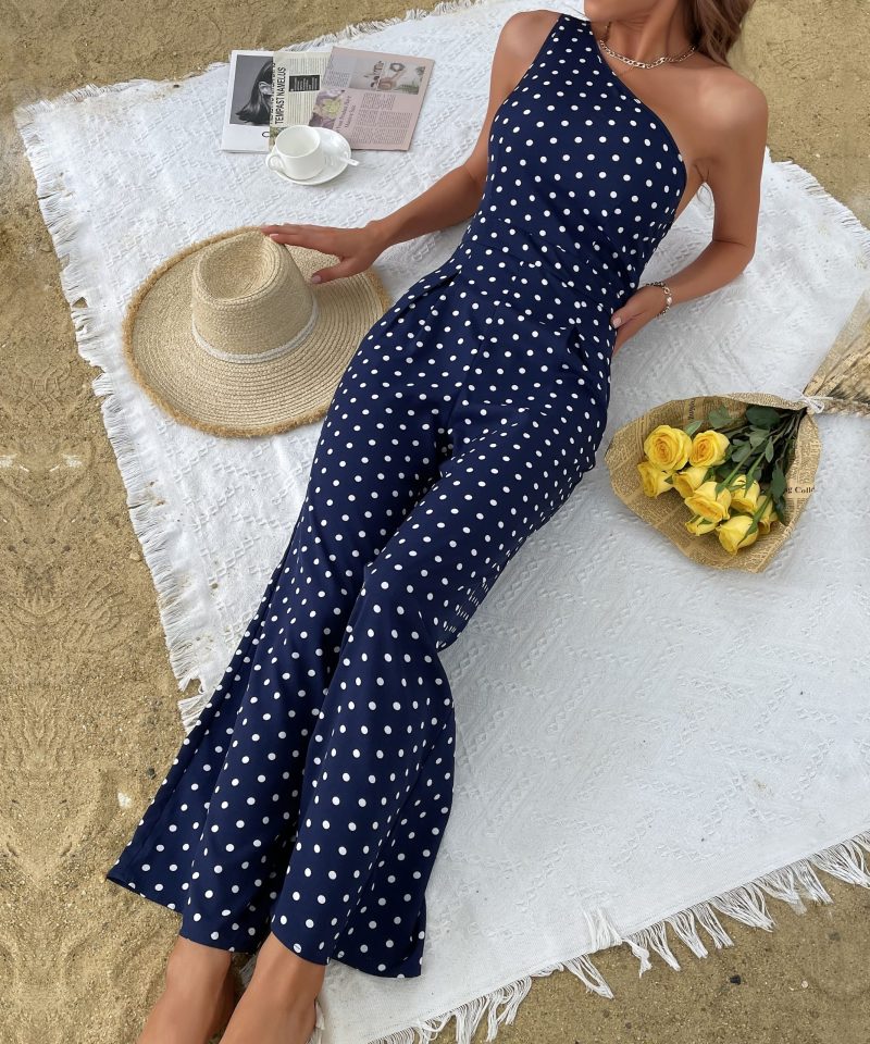 Summer Polka Dot Wide-Leg Jumpsuit with One Shoulder for Women - Image 7