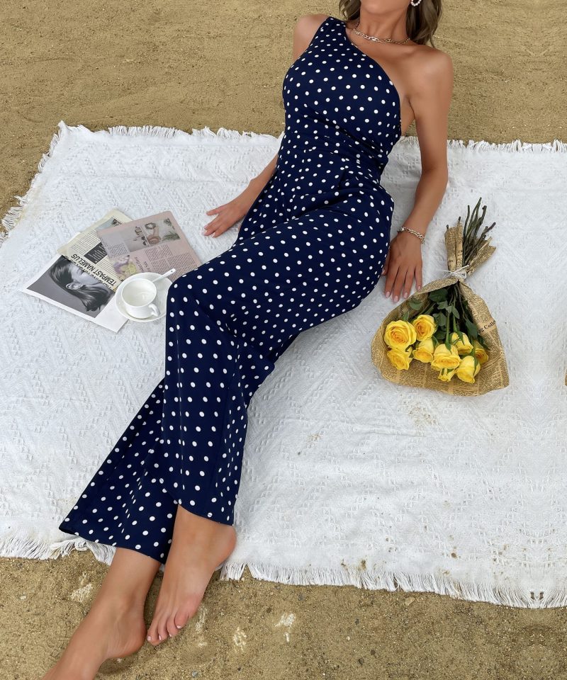 Summer Polka Dot Wide-Leg Jumpsuit with One Shoulder for Women - Image 8