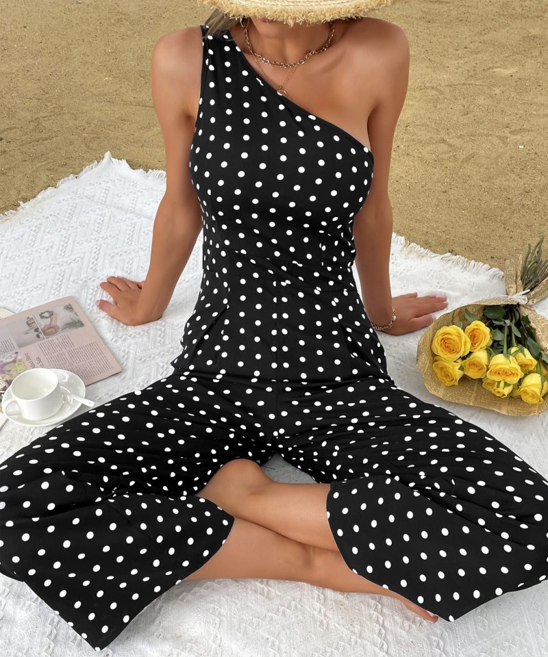 Summer Polka Dot Wide-Leg Jumpsuit with One Shoulder for Women - Image 10