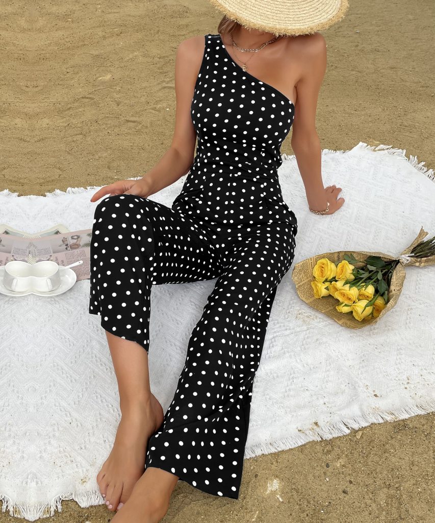 Summer Polka Dot Wide-Leg Jumpsuit with One Shoulder for Women - Image 11