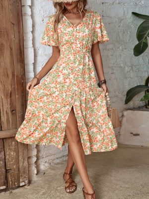 Summer Retro Floral V-Neck A-Line Dress with Split Mid-Length Hem for Women