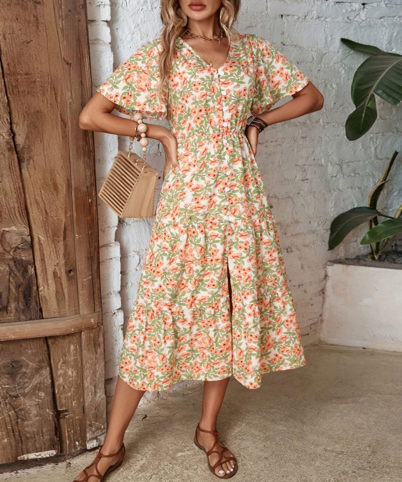 Summer Retro Floral V-Neck A-Line Dress with Split Mid-Length Hem for Women - Image 5