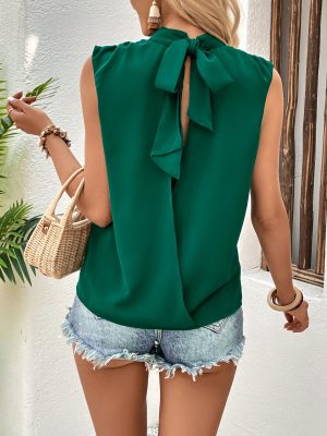 Summer Green Bow Hollow Out Backless Sleeveless Top for Women