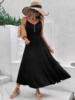 Summer Black Camisole Mid-Length Maxi Dress for Women