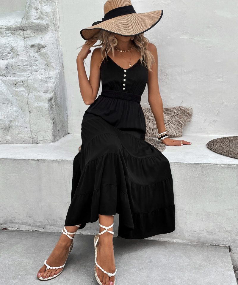 Summer Black Camisole Mid-Length Maxi Dress for Women - Image 4