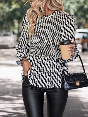 Autumn Black White Striped Smocking Slim Fit Ruffled Blouse