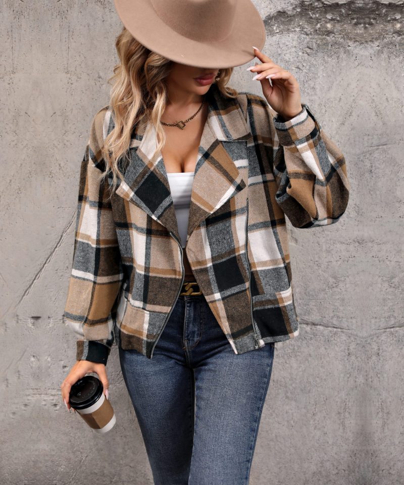Autumn Winter Brushed Plaid Lapel Zipper Cardigan Coat for Women - Image 2