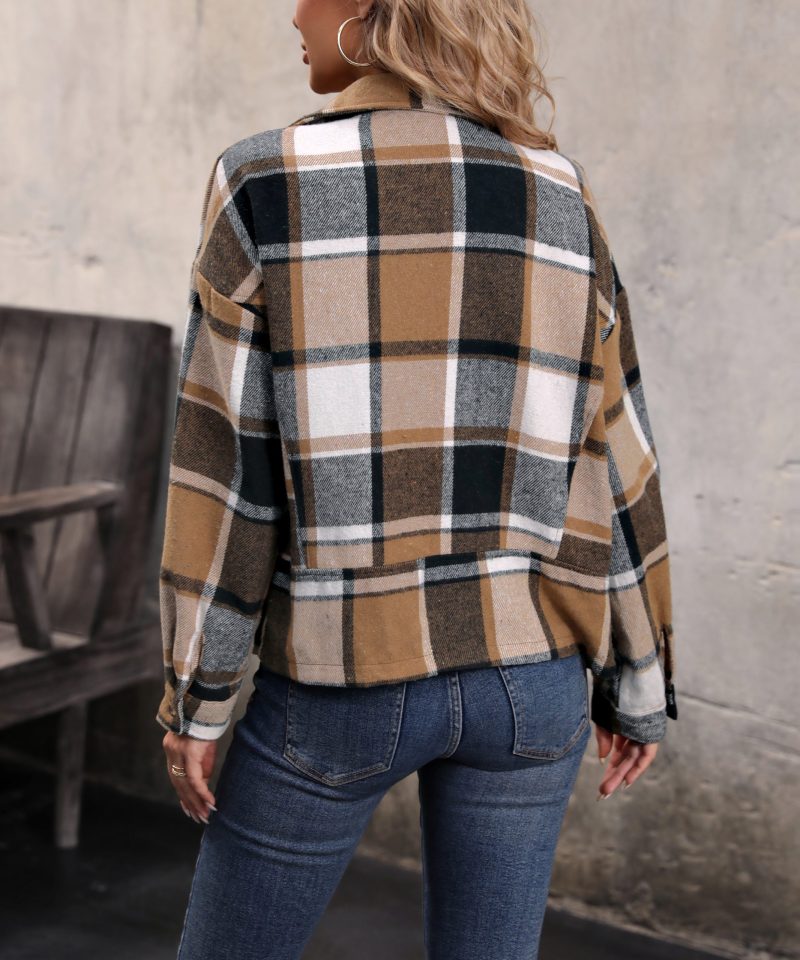 Autumn Winter Brushed Plaid Lapel Zipper Cardigan Coat for Women - Image 3