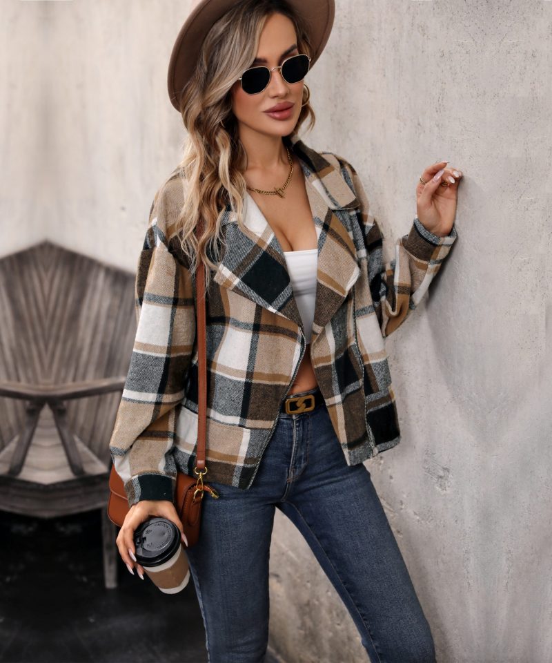 Autumn Winter Brushed Plaid Lapel Zipper Cardigan Coat for Women - Image 4