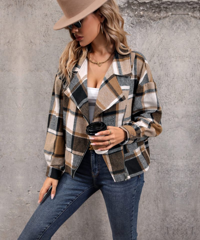 Autumn Winter Brushed Plaid Lapel Zipper Cardigan Coat for Women - Image 5