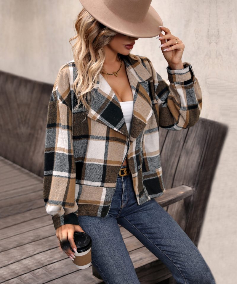 Autumn Winter Brushed Plaid Lapel Zipper Cardigan Coat for Women - Image 6