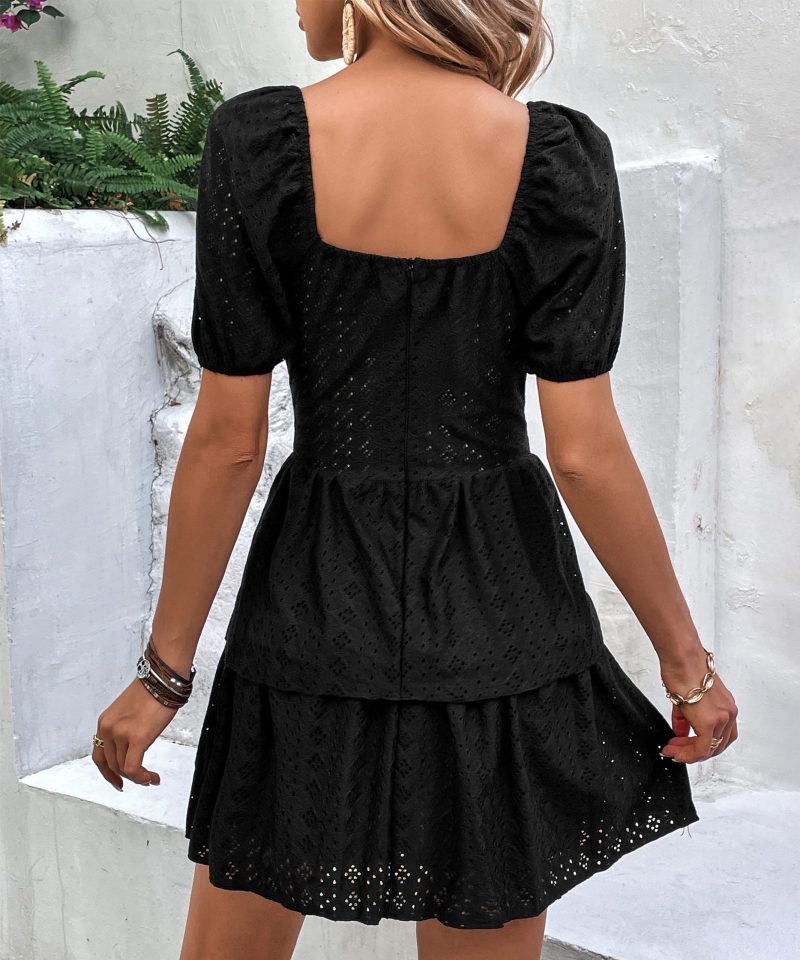 Square Collar Puff Sleeve Laminated Tiered Dress - Image 4