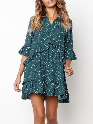 Spring Loose Casual Ruffled Polka Dot Print Dress