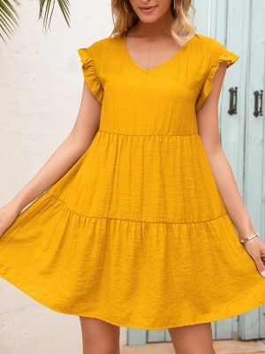 Summer Loose V-Neck Wooden Ear Sleeve Dress for Women