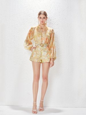 Printed Collar Lace-Up Chiffon Elegant Shirt & Shorts Suit