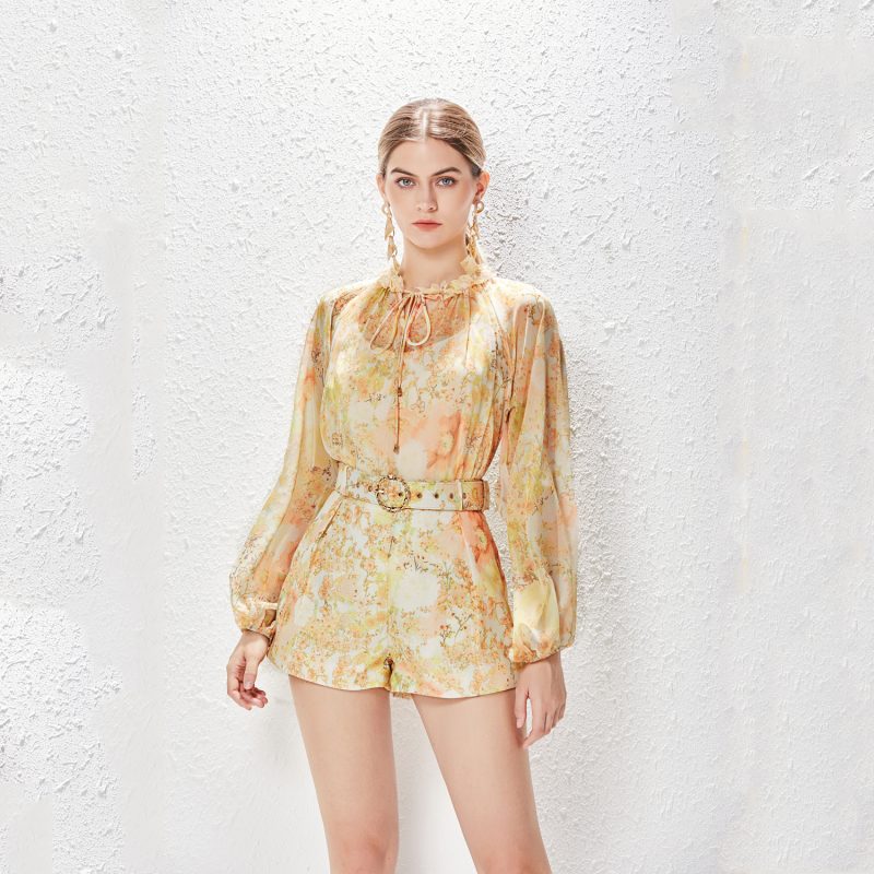 Printed Collar Lace-Up Chiffon Elegant Shirt & Shorts Suit - Image 3