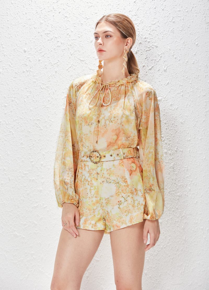 Printed Collar Lace-Up Chiffon Elegant Shirt & Shorts Suit - Image 4