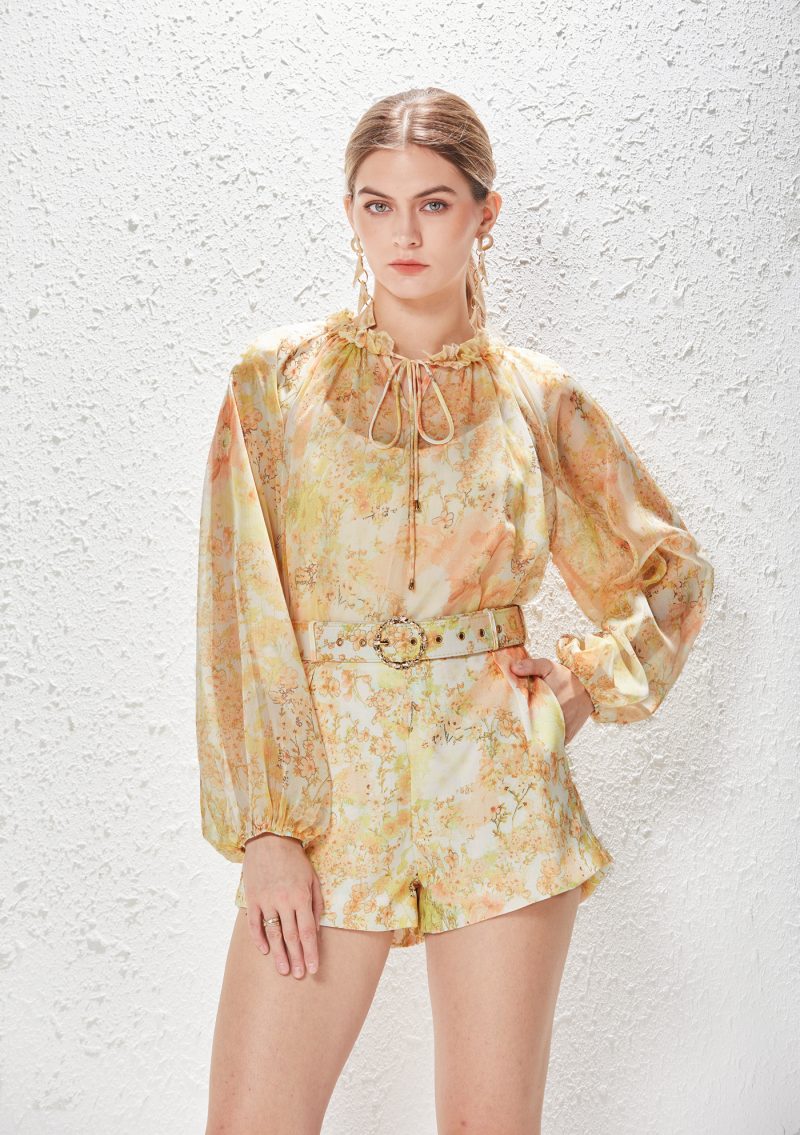 Printed Collar Lace-Up Chiffon Elegant Shirt & Shorts Suit - Image 5