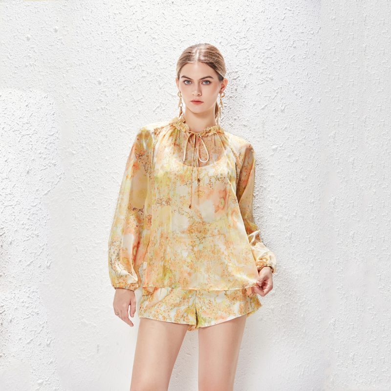 Printed Collar Lace-Up Chiffon Elegant Shirt & Shorts Suit - Image 6