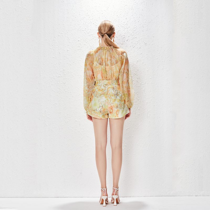 Printed Collar Lace-Up Chiffon Elegant Shirt & Shorts Suit - Image 7