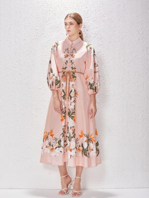 Printed Stand Collar Lantern Sleeve Long Dress