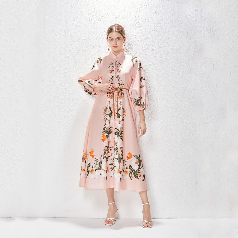 Printed Stand Collar Lantern Sleeve Long Dress - Image 2