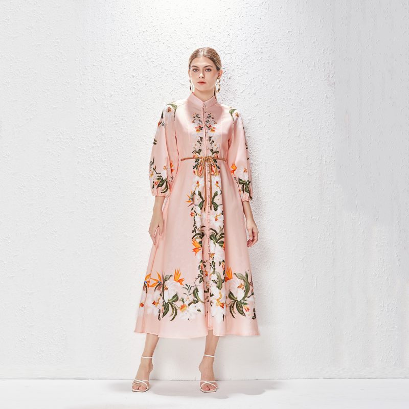 Printed Stand Collar Lantern Sleeve Long Dress - Image 3