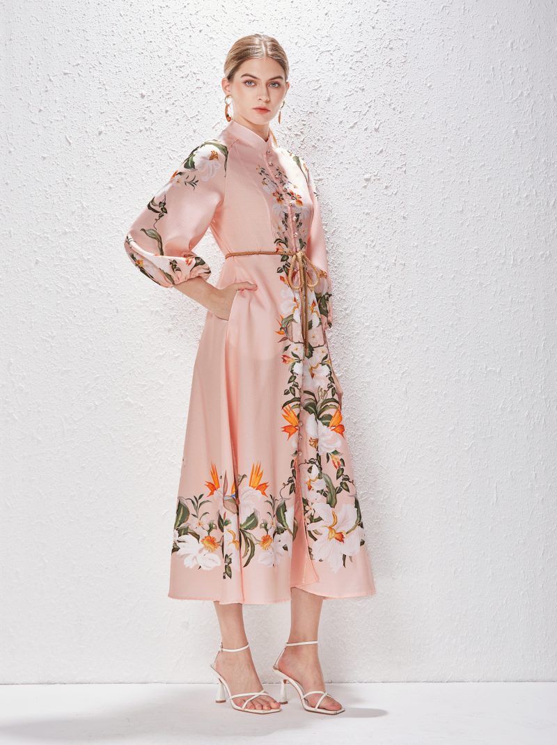 Printed Stand Collar Lantern Sleeve Long Dress - Image 4