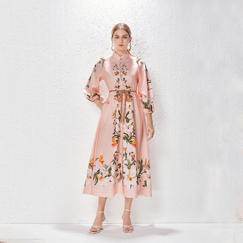 Printed Stand Collar Lantern Sleeve Long Dress - Image 5