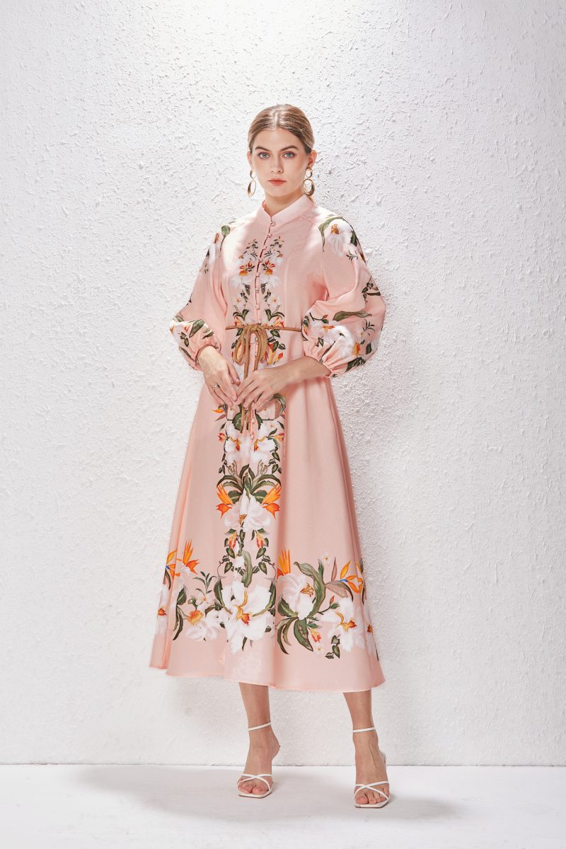 Printed Stand Collar Lantern Sleeve Long Dress - Image 6