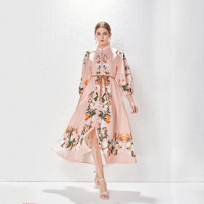 Printed Stand Collar Lantern Sleeve Long Dress - Image 7