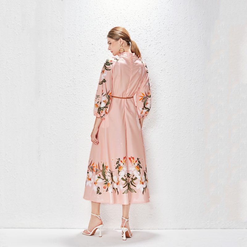 Printed Stand Collar Lantern Sleeve Long Dress - Image 8
